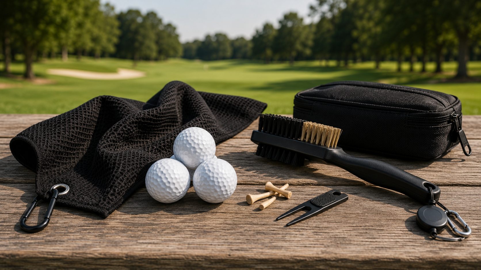 Golf towel, balls, tees, divot tool and brush on a wooden bench