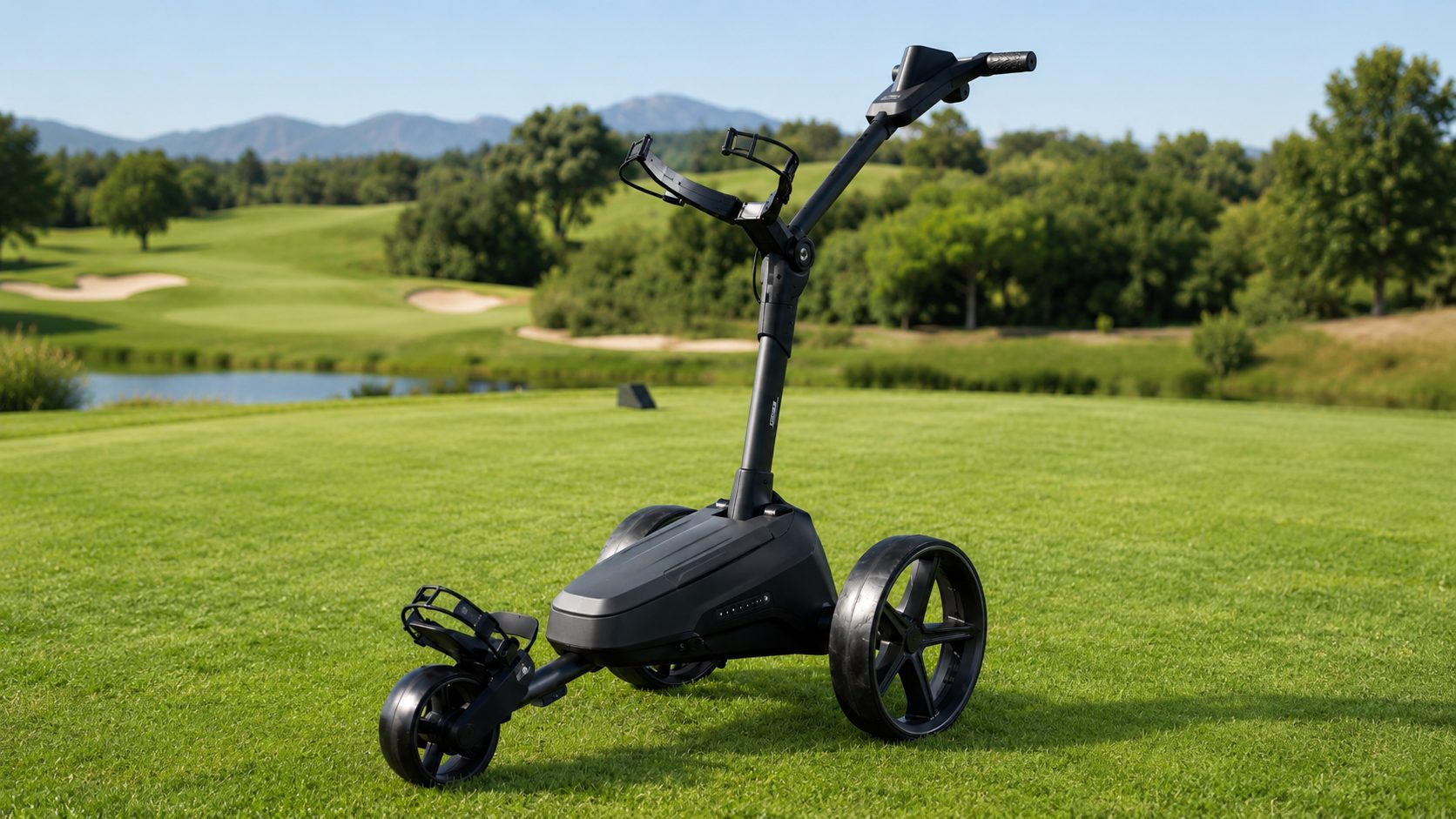 Electric golf trolley parked on the fairway
