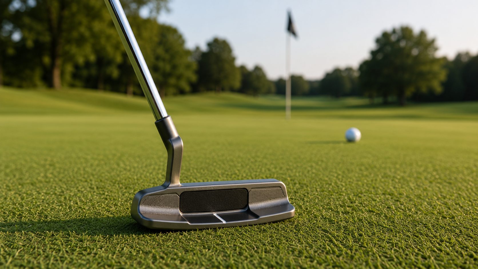 Putter on the green with the flag beyond