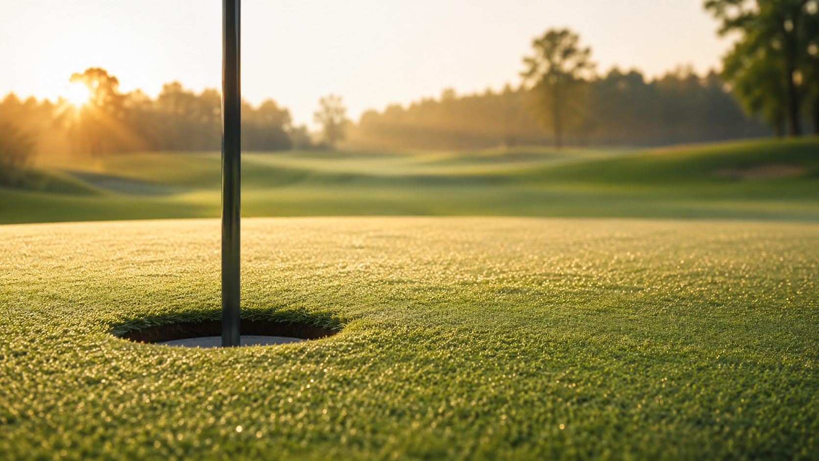 Morning light across a golf course green with the flag in place