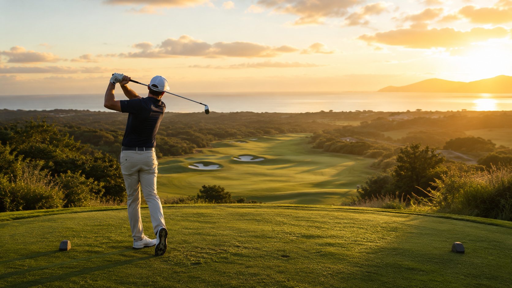 Golf course fairway at golden hour