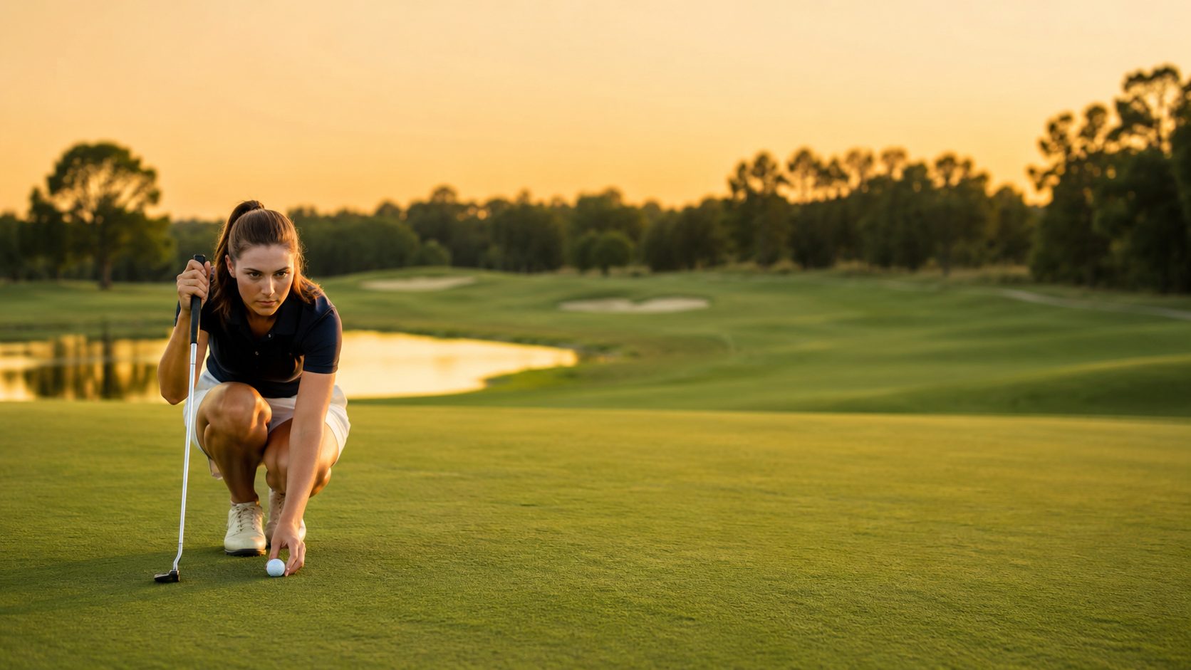 Golfare siktar in en putt på green