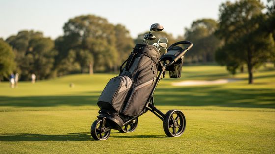 Golf bag loaded on a push cart on the fairway