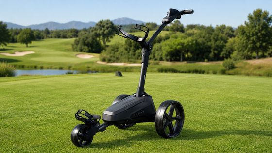 Electric golf trolley parked on the fairway
