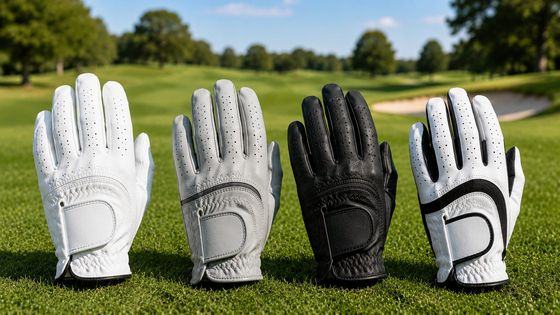 Four golf gloves lined up on the grass