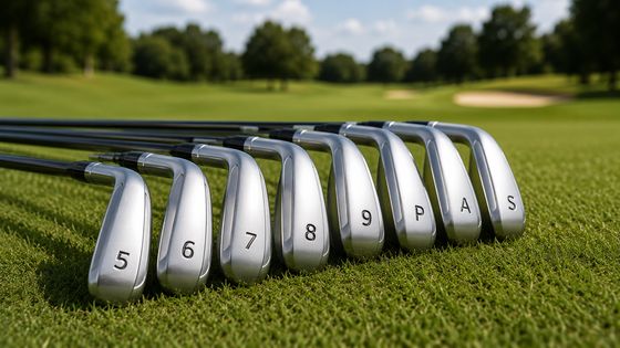 Iron set from 5-iron to sand wedge lined up on the grass