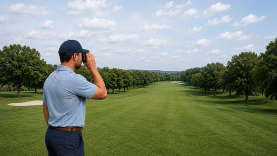 Golfer sighting the green through a rangefinder