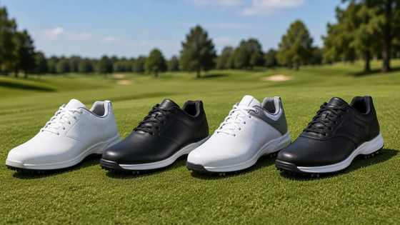Four pairs of golf shoes lined up on the fairway